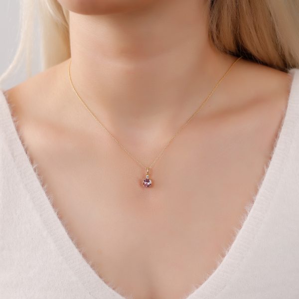Silver Birthstone Necklace /Round Stone -October-Pink Tourmaline
