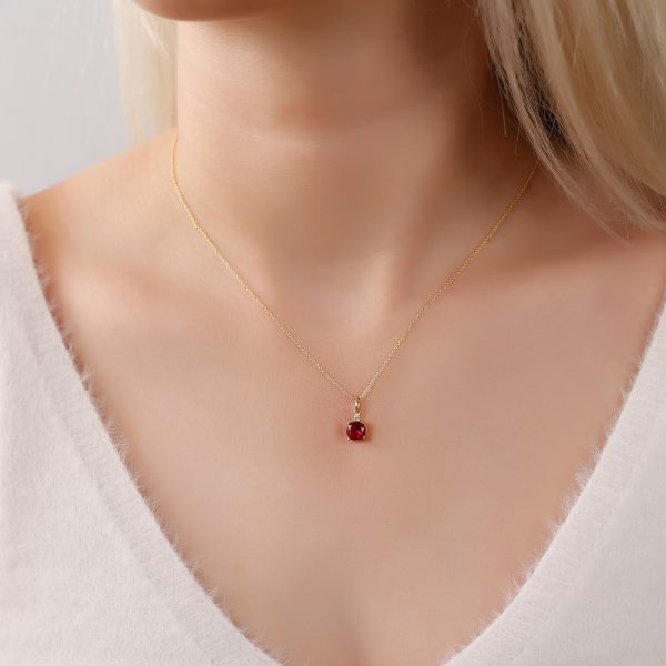 Silver Birthstone Necklace /Round Stone -July-Ruby