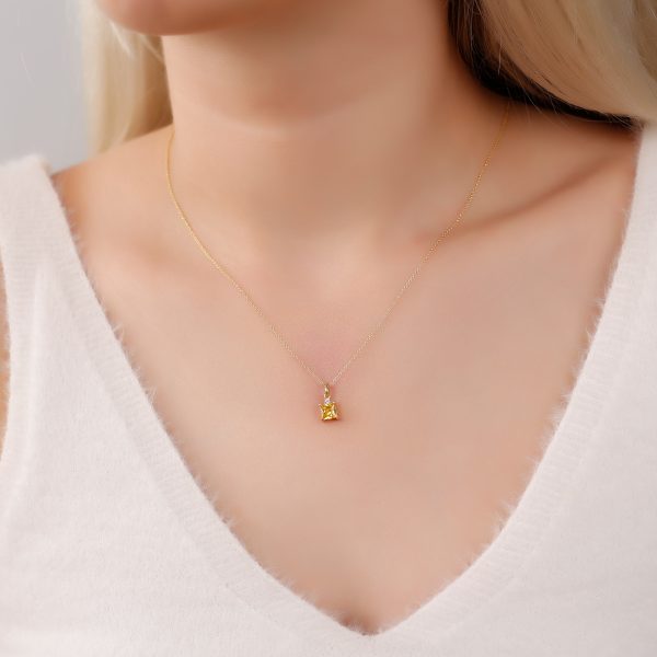 Серебряное ожерелье с камнем рождения / Квадратный камень - ноябрь-цитрин