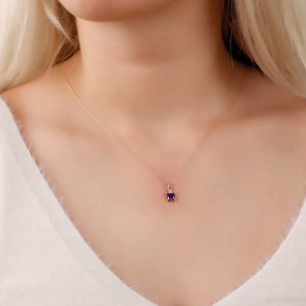 Gümüş Doğum Taşı Kolye /Kare Taş -Şubat-Amethytst